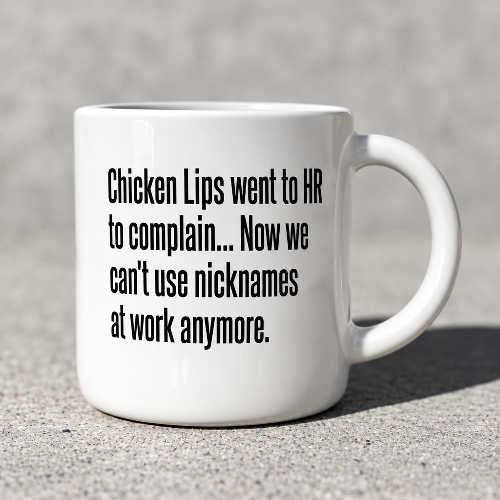 Chicken Lips went to HR to complain… Now we can’t use nicknames at work anymore.” on a conference table